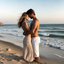 Passionate lovers are locked in a tight embrace, standing on a tranquil seashore.