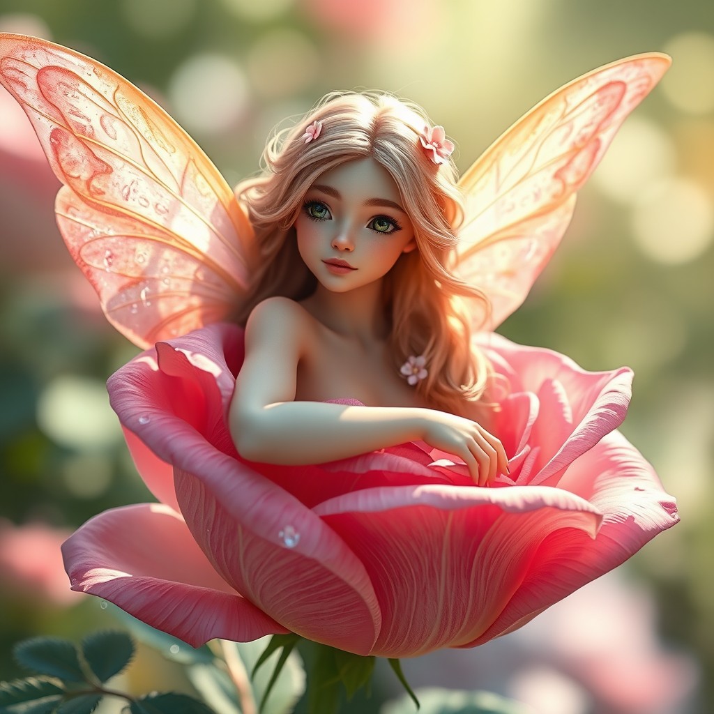 A hyper-realistic fairy emerging from a beautifully opened rose, with delicate, gossamer wings that shimmer in soft pastel hues