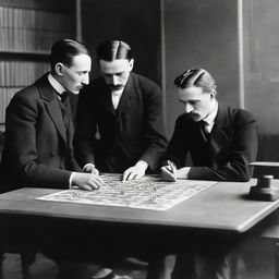 Prominent scientists Nikola Tesla, Michael Pupin, and Milutin Milankovitch in a focused moment, collaboratively analyzing a piece of a complex jigsaw puzzle in their scientific workspace.