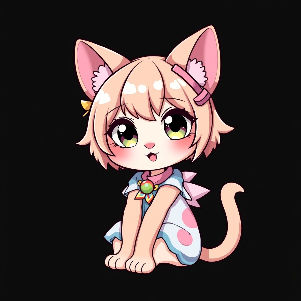 A cute chibi cat girl with large expressive eyes and cat-like mouth, sitting in a playful pose and looking directly at the viewer
