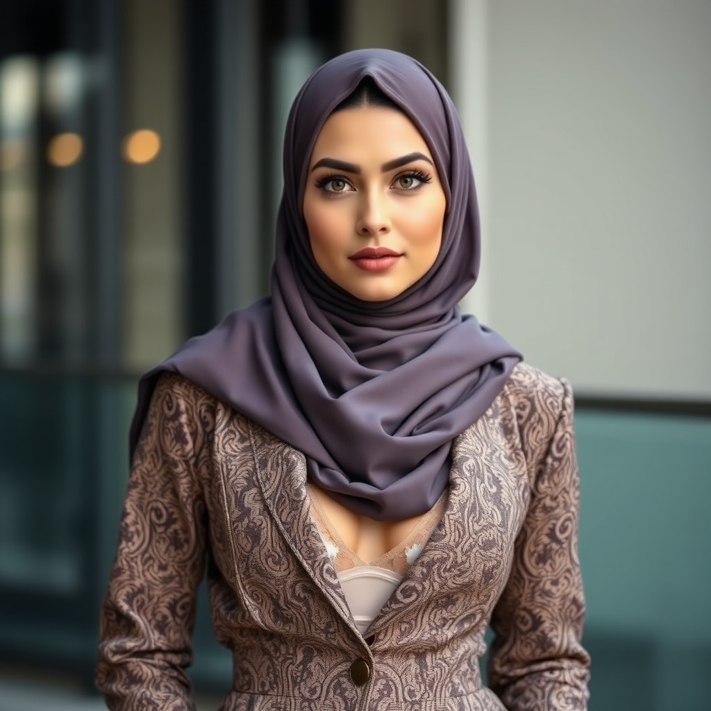 A stylish woman wearing a hijab, showcasing a fashionable outfit that subtly reveals her undergarment, adding an element of intrigue