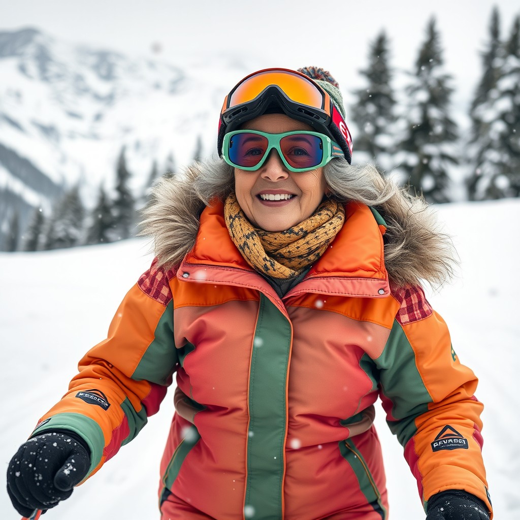 An elderly woman skiing gracefully down a snowy slope, wearing a colorful ski outfit with a stylish fur-lined jacket and bright ski goggles