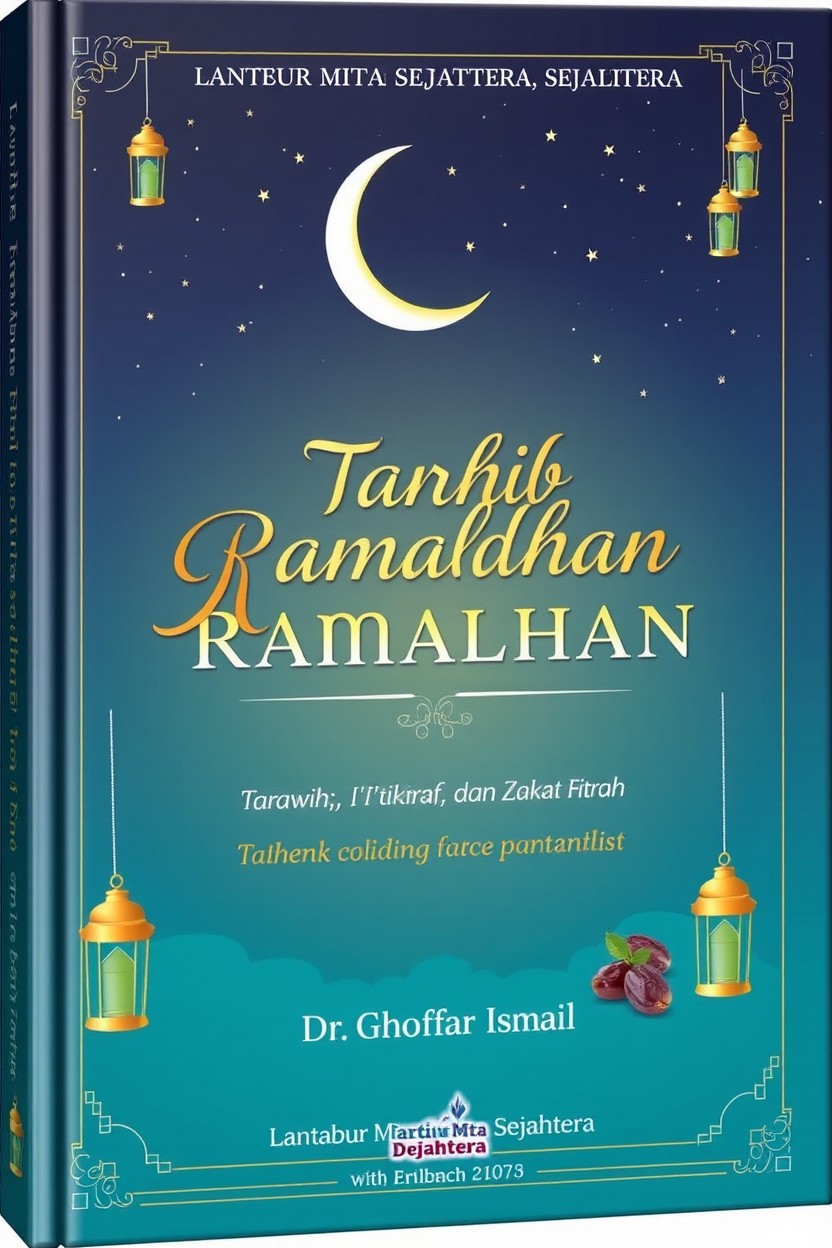 A beautifully designed book cover for 'Tarhib Ramadhan: Tarawih, Tadarus, I'tikaf dan Zakat Fitrah' by Dr