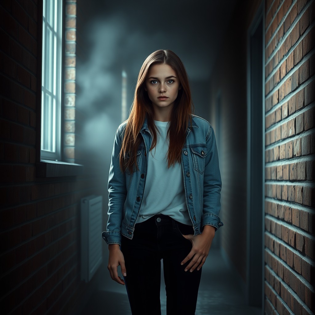 A hyper-realistic image of a teenage girl standing beneath a school office window, her expression thoughtful and slightly anxious