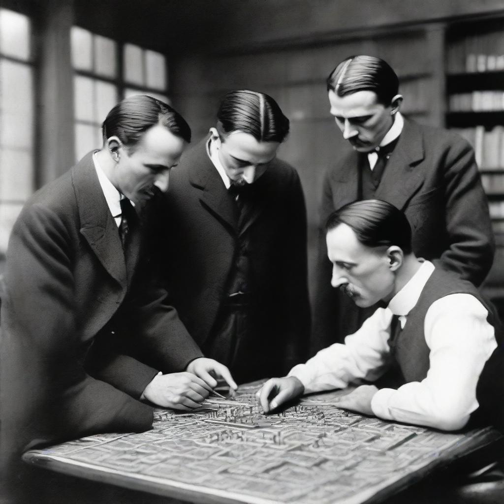 Prominent scientists Nikola Tesla, Michael Pupin, and Milutin Milankovitch in a focused moment, collaboratively analyzing a piece of a complex jigsaw puzzle in their scientific workspace.