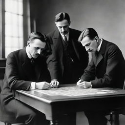 Prominent scientists Nikola Tesla, Michael Pupin, and Milutin Milankovitch in a focused moment, collaboratively analyzing a piece of a complex jigsaw puzzle in their scientific workspace.