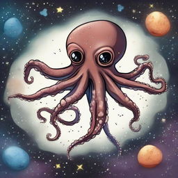 A drawing of An octopus flying in the universe