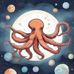 A drawing of An octopus flying in the universe