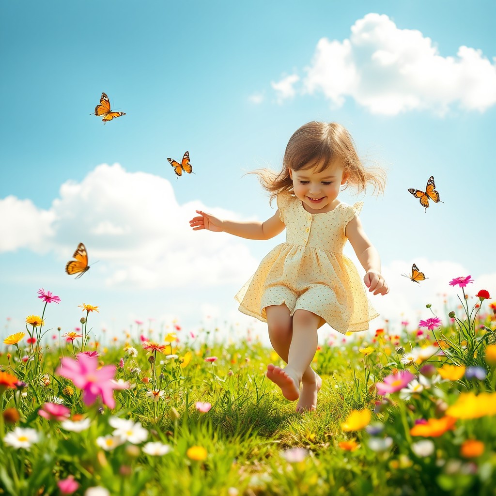 A whimsical scene featuring a cute, playful young girl with bare feet, happily skipping through a vibrant, sunlit meadow filled with colorful flowers and butterflies fluttering around
