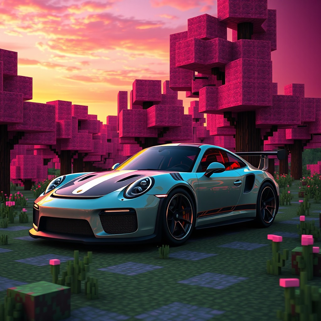 A high definition Porsche GT3 RS parked stylishly in a vibrant cherry blossom biome within a Minecraft world, the scene illuminated by the warm hues of a breathtaking sunset