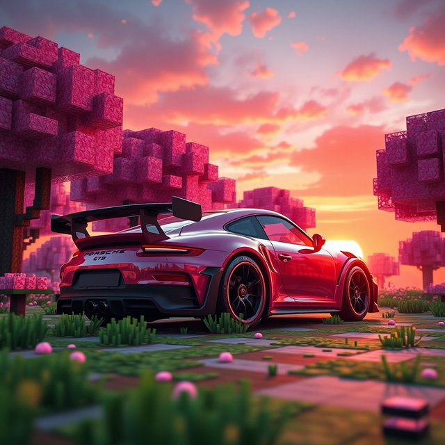Lavender Porsche GT3 RS in a Minecraft Cherry Blossom World