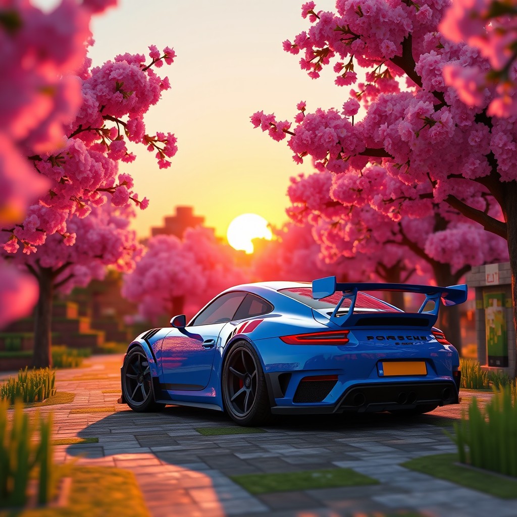 A cinematic portrayal of a blue Porsche GT3 RS, parked elegantly within a lush cherry blossom biome in a Minecraft-inspired world