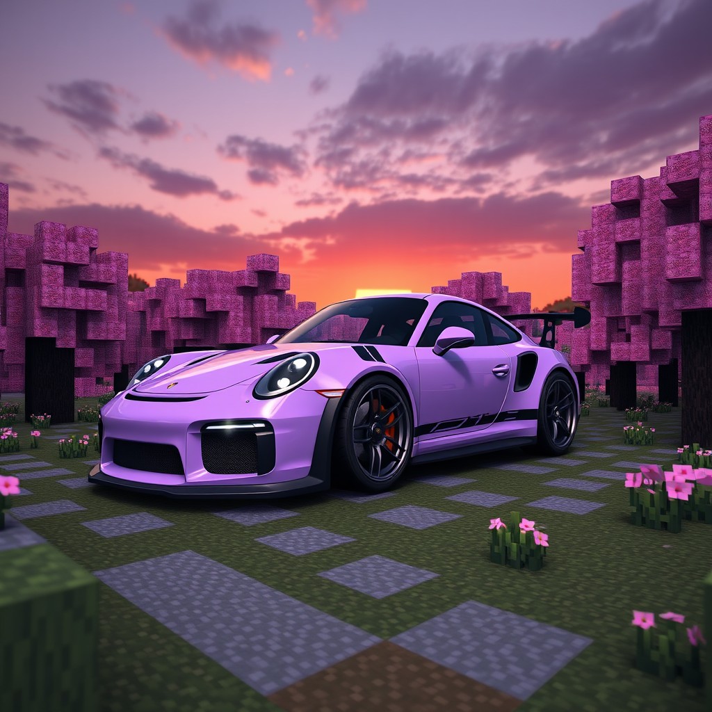 Lavender Porsche GT3 RS in a Minecraft Cherry Blossom World