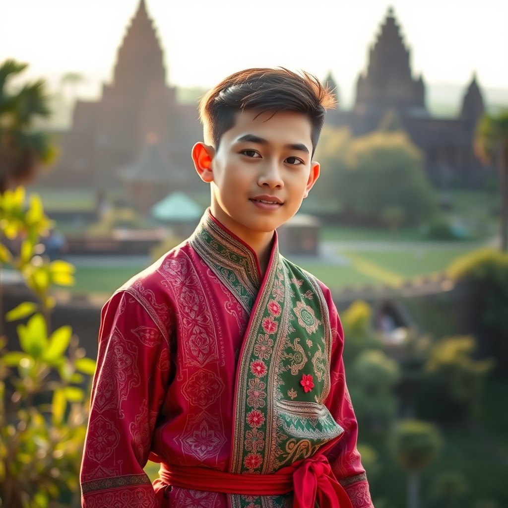 A teenage boy dressed in traditional Khmer attire, showcasing the intricate patterns and vibrant colors of the fabric