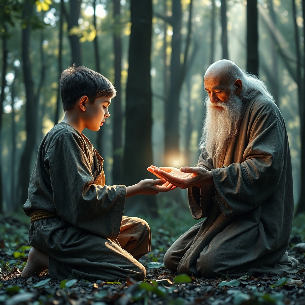A poor young boy wearing simple, worn, old clothes kneels respectfully on the ground, showcasing humility as he receives a glowing magical blessing from an elderly hermit sage