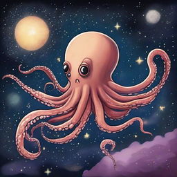 A drawing of An octopus flying in the universe