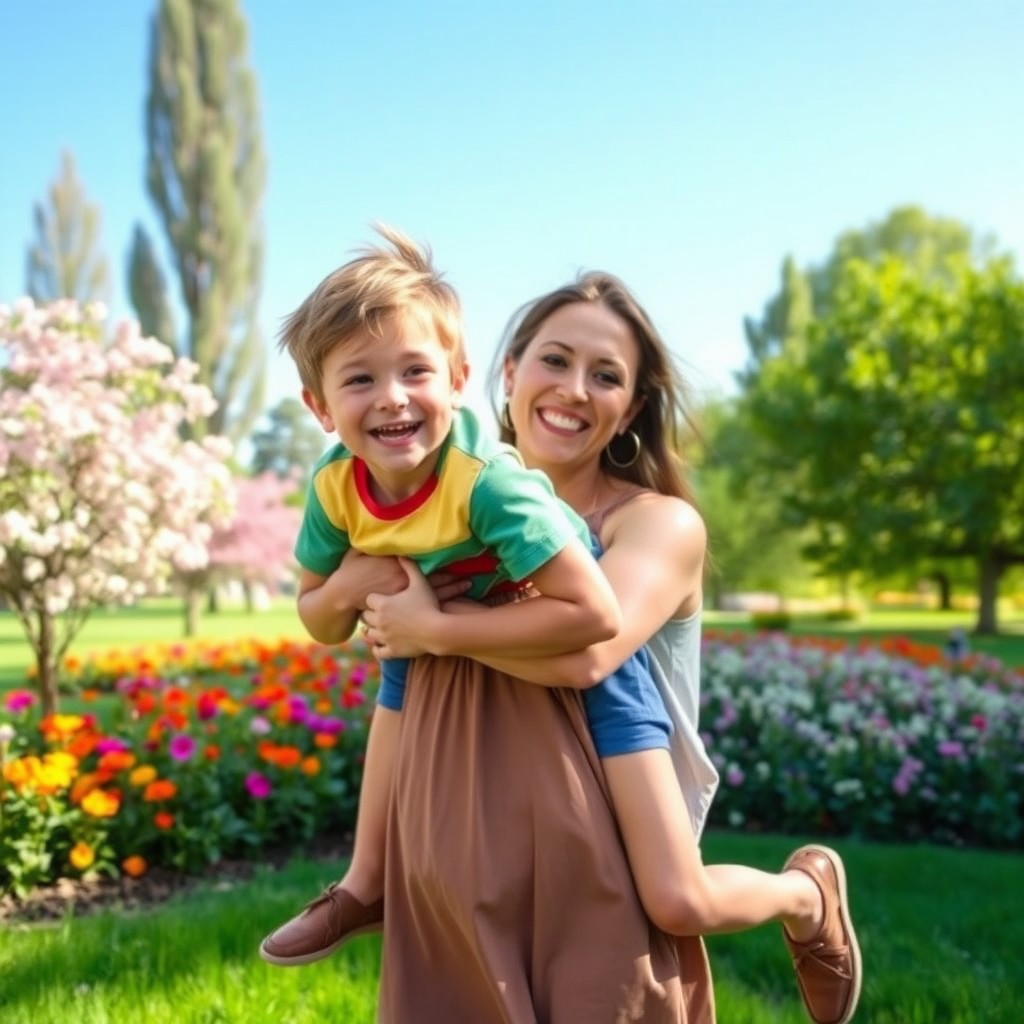 A heartwarming scene of a young boy joyfully carrying his mother in his arms