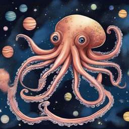 A drawing of An octopus flying in the universe