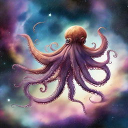 A drawing of An octopus flying in a nebula 