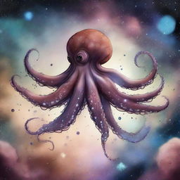 A drawing of An octopus flying in a nebula 