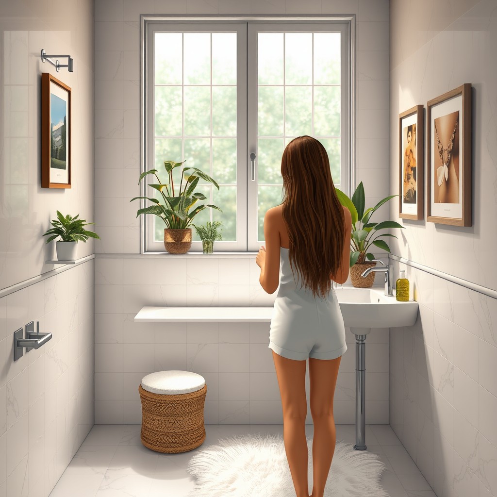 A realistic scene depicting a bathroom setting, featuring a stylish and modern design with elegant tiles and soft lighting