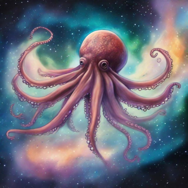 A drawing of An octopus flying in a nebula 