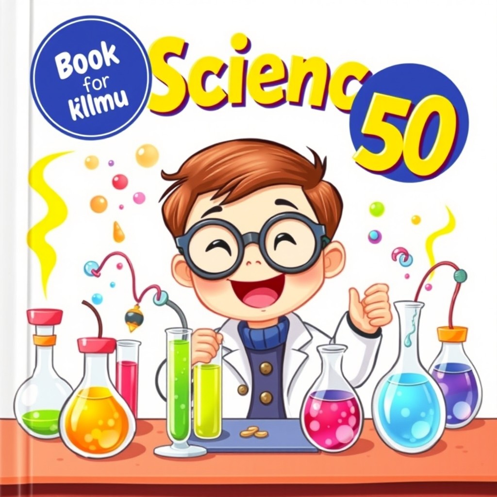 A cheerful and adorable scene for the cover of a book titled '50 Science 50 Ilmu'