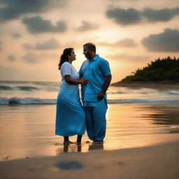 A nurse passionately huggs her lover, a man of average build dressed in a mundu and blue shirt, on a serene seashore during a spectacular evening sunset.