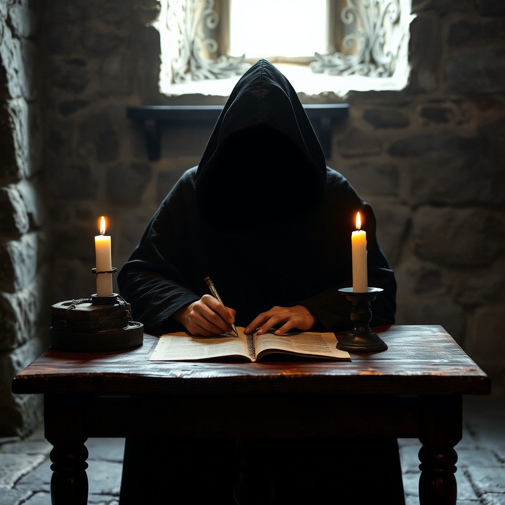In a medieval room, a silhouette sits at a sturdy wooden table, draped in a dark cloak