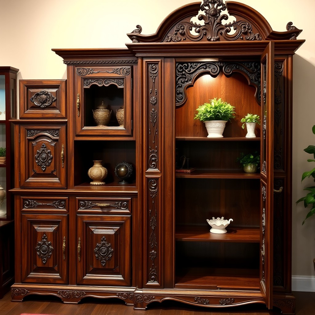 An intricately designed wooden almara featuring both small and large doors, ideal for showcasing decorative items