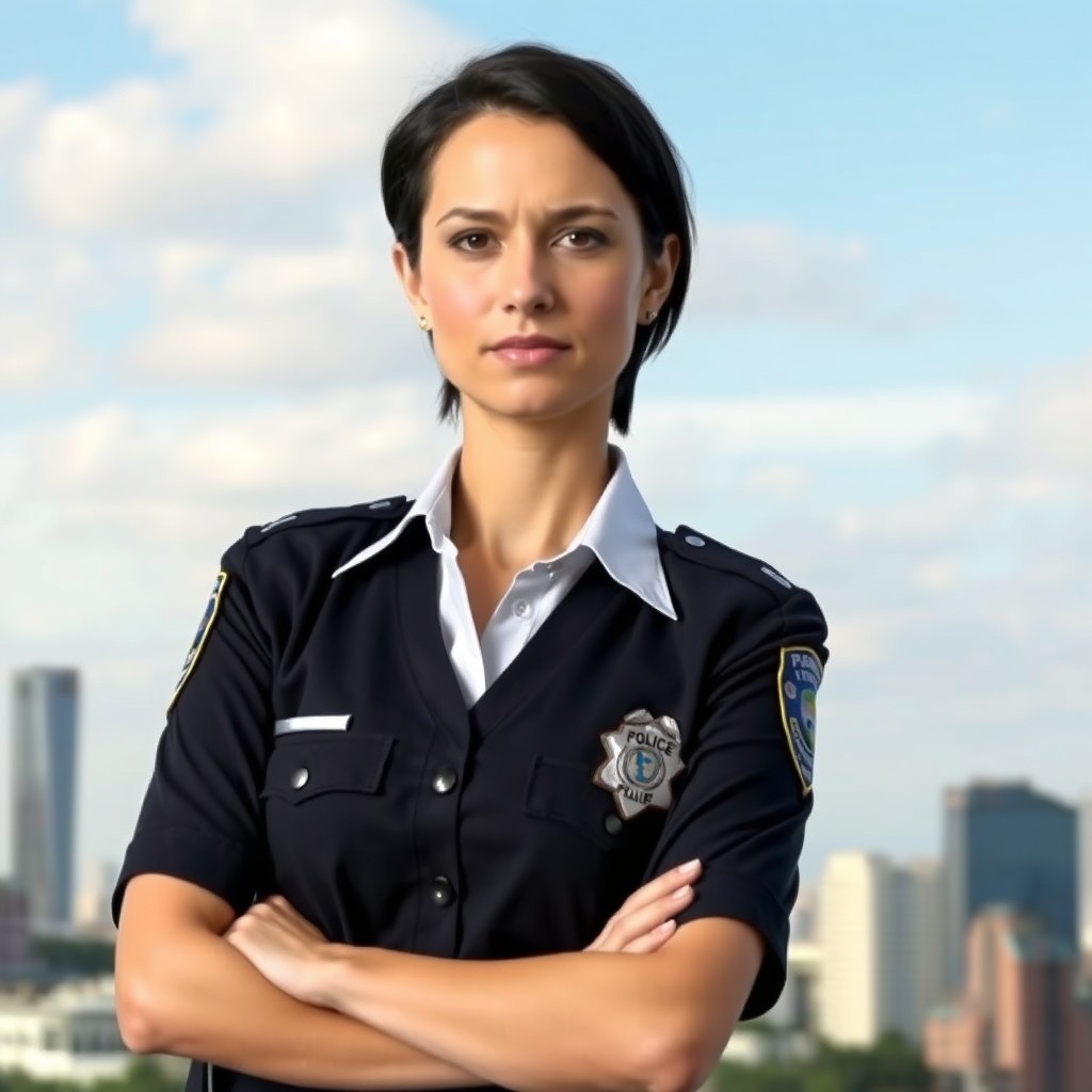 A female police officer in a professional uniform, confidently standing with arms crossed