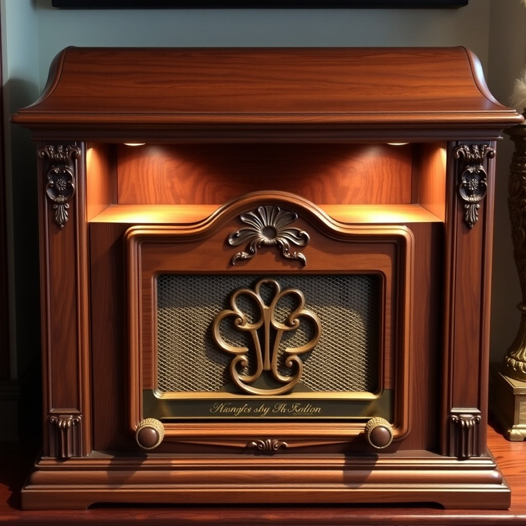 An elegant wooden enclosure designed specifically for a vintage radio, featuring a classic aesthetic with rich, dark wood finish that showcases the natural grain patterns