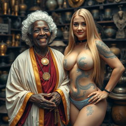 In a medieval room filled with various relics, a heartwarming scene features a 110-year-old African woman, petite and with very dark skin, joyfully smiling