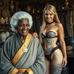 In a medieval room filled with an assortment of relics, a charming scene unfolds featuring a 110-year-old African woman, petite and with very dark skin, wearing a white colonial judge wig from the 18th century