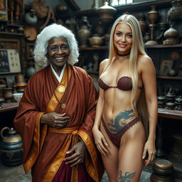 In a medieval room filled with an assortment of relics, a charming scene unfolds featuring a 110-year-old African woman, petite and with very dark skin, wearing a white colonial judge wig from the 18th century