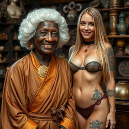 In a medieval room filled with an assortment of relics, a charming scene unfolds featuring a 110-year-old African woman, petite and with very dark skin, wearing a white colonial judge wig from the 18th century