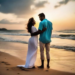 A nurse passionately huggs her lover, a man of average build dressed in a mundu and blue shirt, on a serene seashore during a spectacular evening sunset.