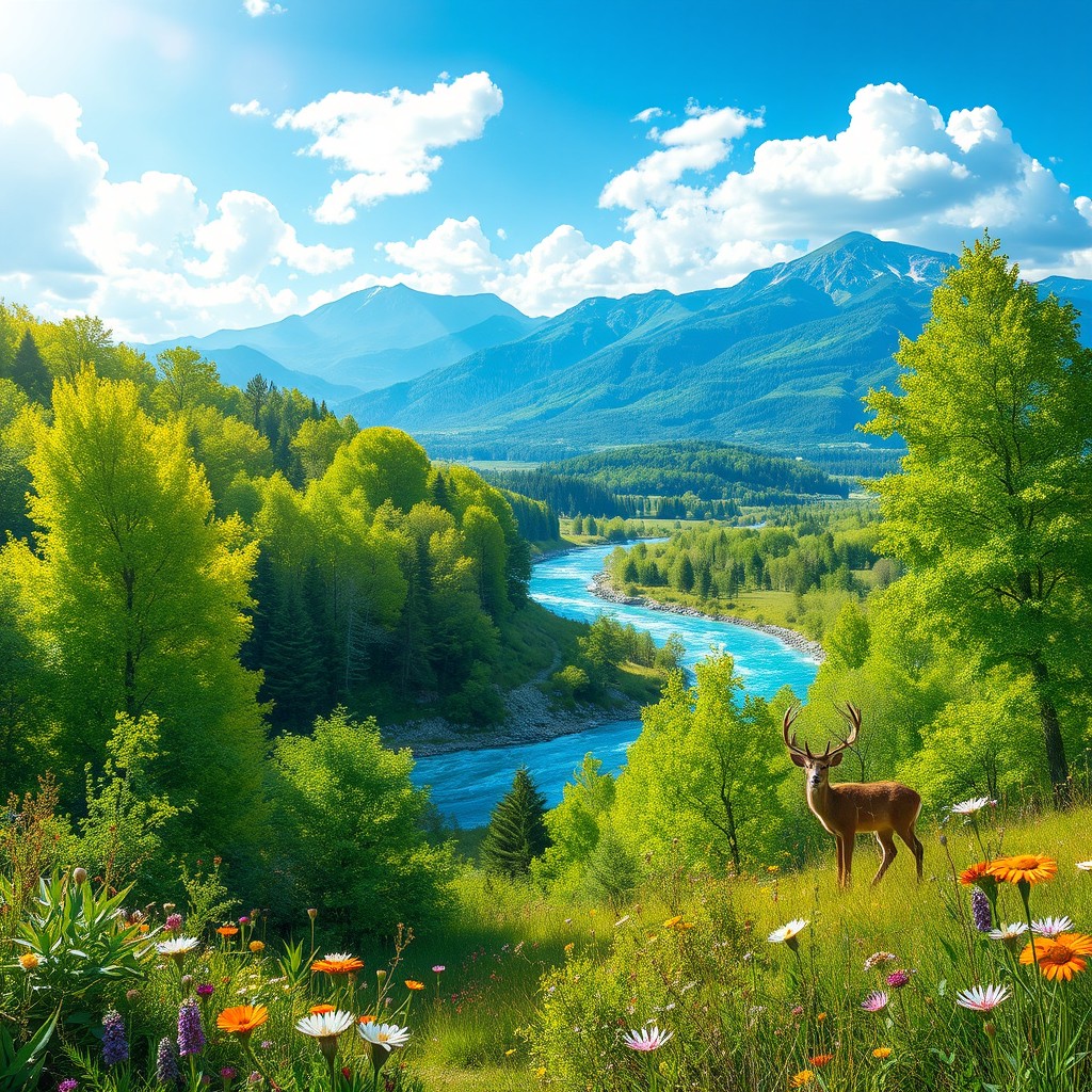 A breathtaking landscape filled with vibrant and lush green trees, a sparkling blue river meandering through the scene, and a panoramic mountain range in the background