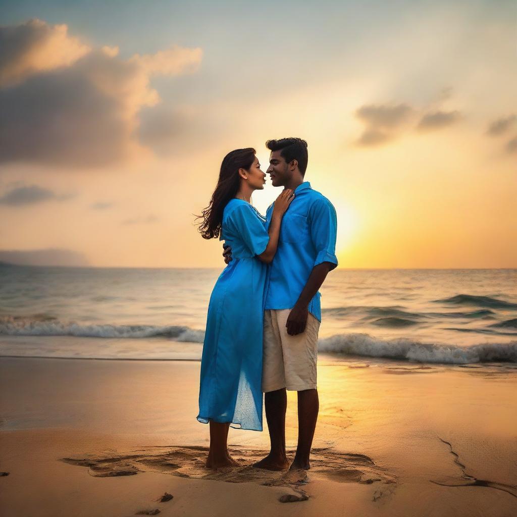 A nurse passionately huggs her lover, a man of average build dressed in a mundu and blue shirt, on a serene seashore during a spectacular evening sunset.