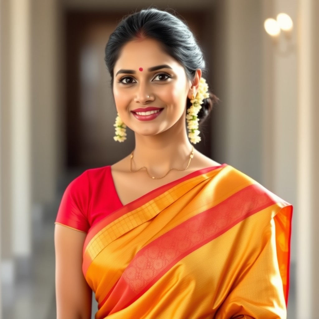 A beautiful tall South Indian lady wearing a stunning golden silk saree paired with a bright red blouse