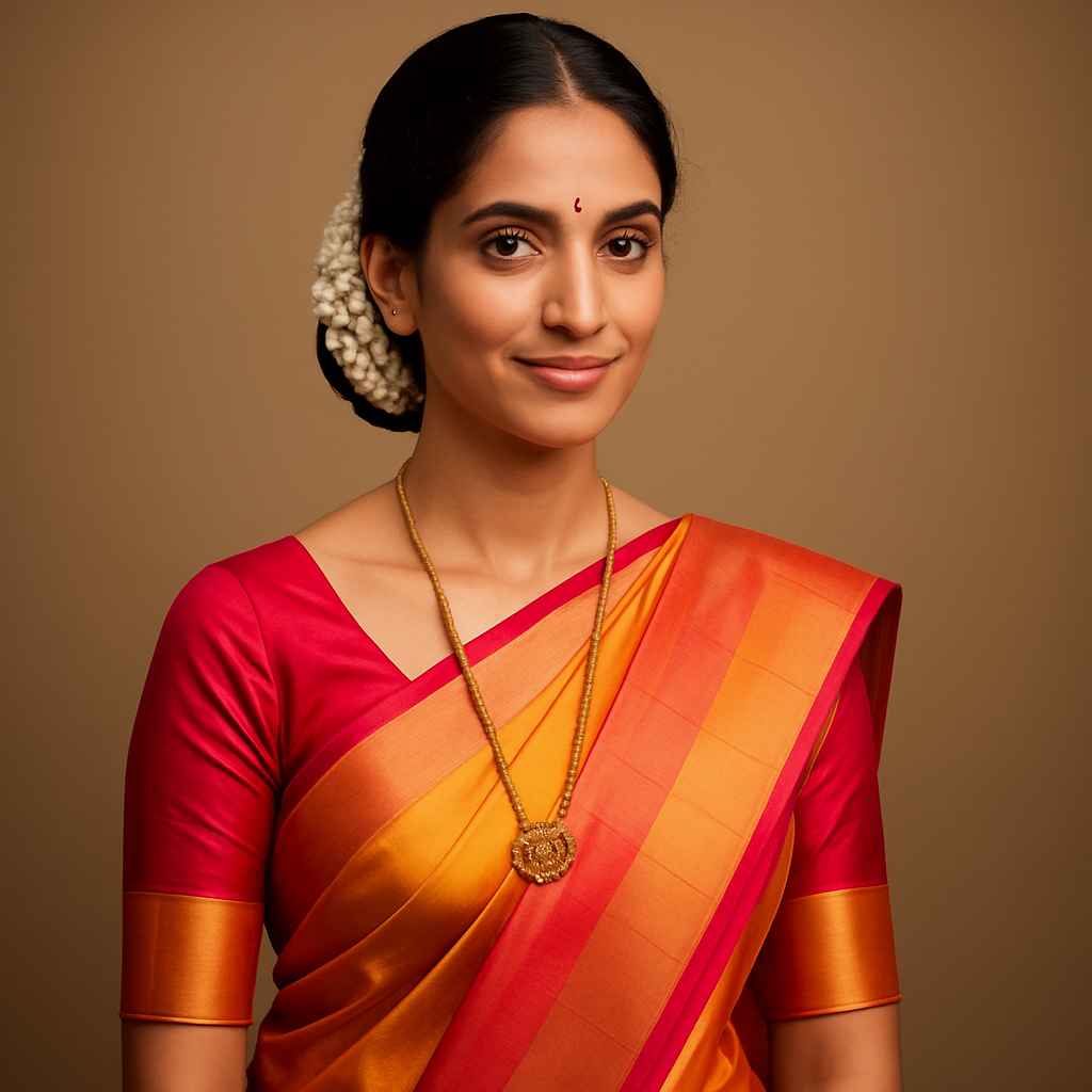 A beautiful tall South Indian lady wearing a stunning golden silk saree with a bright red blouse