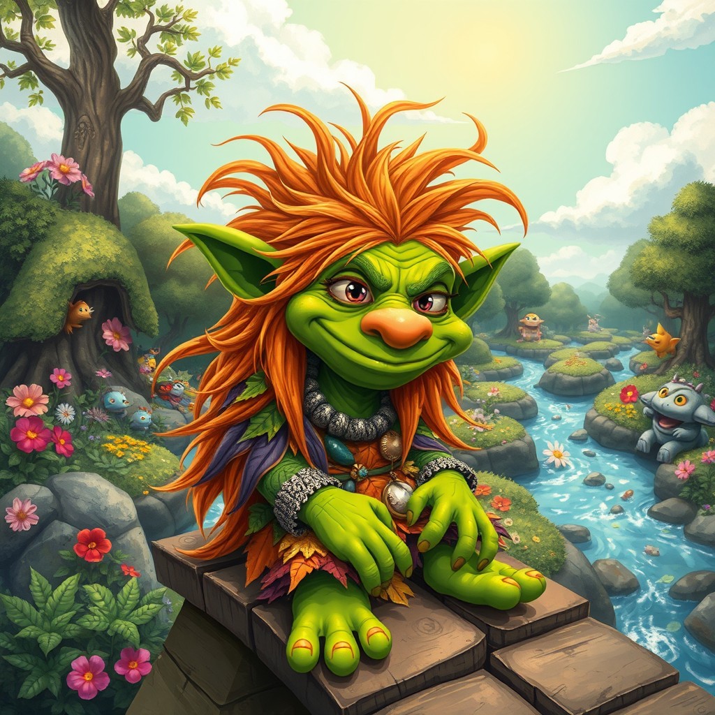 A whimsical, mischievous troll sitting on a bridge, with a sly grin