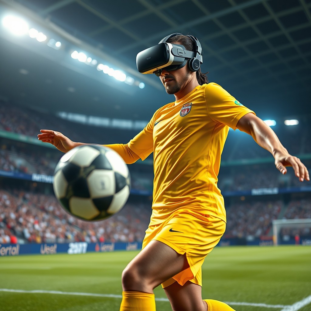 A famous football player wearing advanced Virtual Reality gear, featuring bright neon gold colors, in the act of kicking a soccer ball while wearing the VR headset