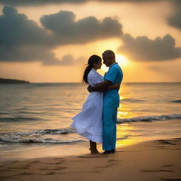 A nurse passionately huggs her lover, a man of average build dressed in a mundu and blue shirt, on a serene seashore during a spectacular evening sunset.