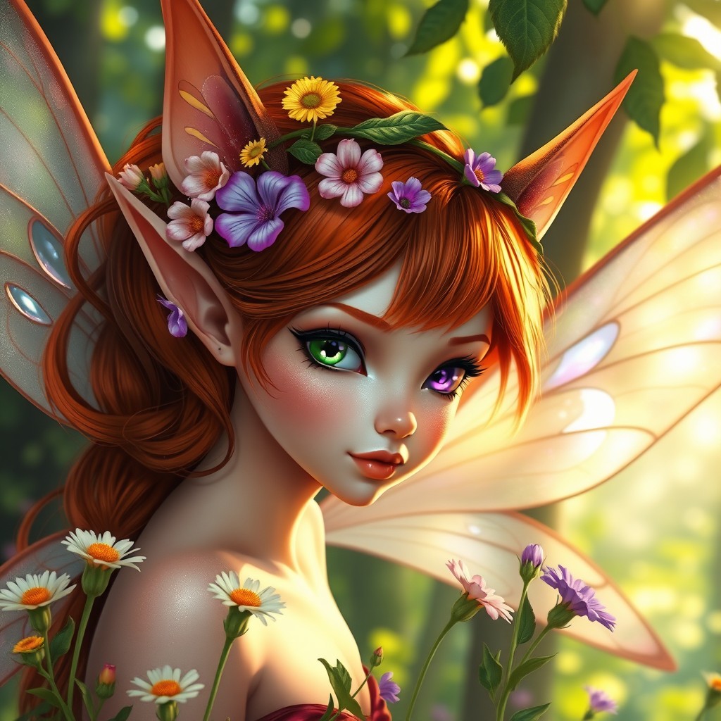 A stunning female fairy with pointed ears and a sharp, defined face, featuring striking auburn hair intertwined with vibrant flowers growing around her head