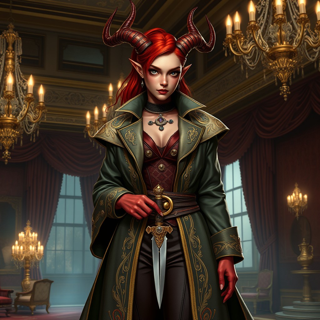 A female tiefling noble rogue, elegantly dressed in a luxurious, tailored outfit that combines classic nobility with a touch of rogue flair