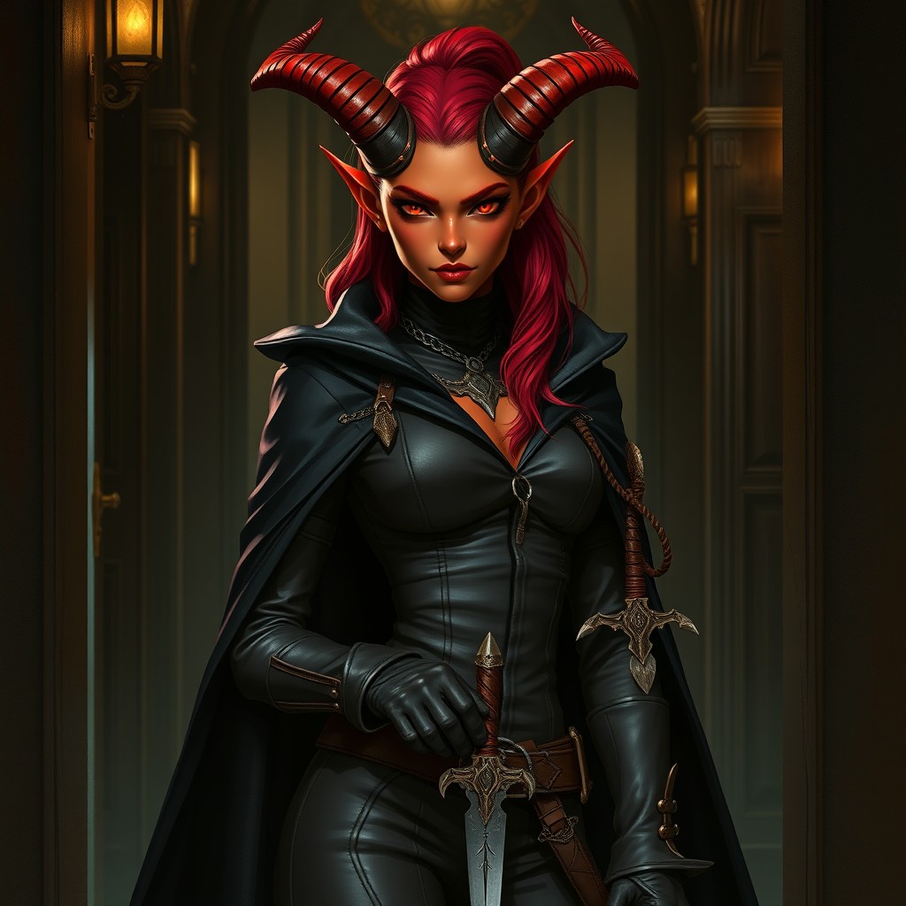 A female tiefling rogue with vibrant red skin, exuding an aura of charm and intrigue