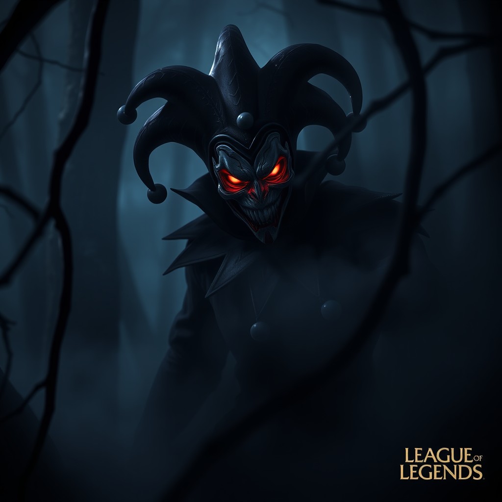 A dark fantasy scene depicting Shaco from League of Legends lurking in the shadows of a misty forest