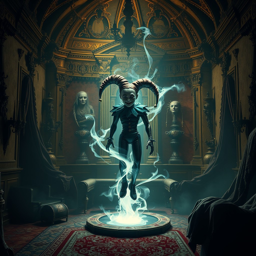 An ancient royal chamber filled with dusty, ornate decorations and shadows creeping along the walls