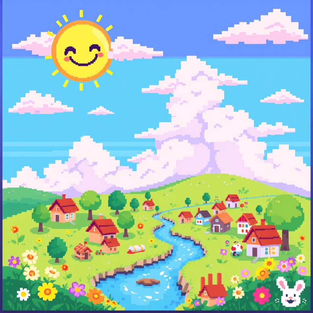 A colorful pixel art scene depicting a whimsical fantasy landscape, featuring a vibrant sky with pixelated clouds and a large, smiling sun